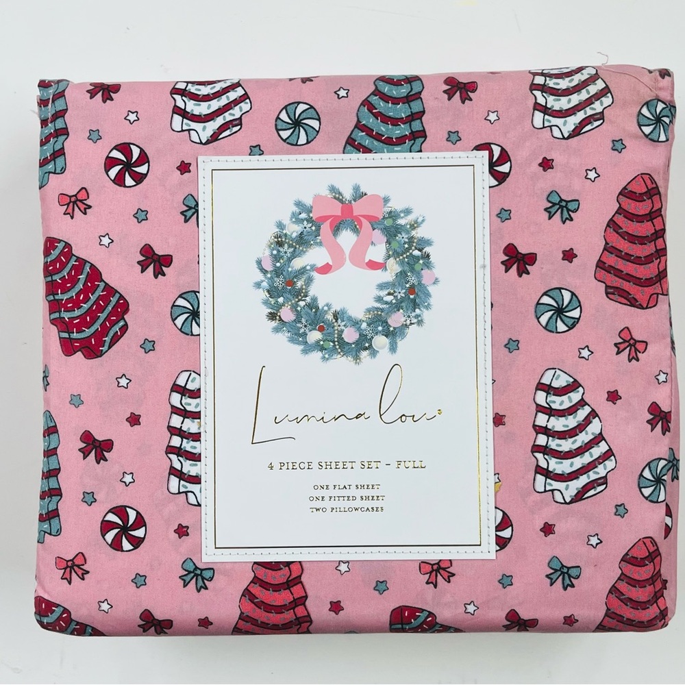 Lumina Lou Christmas Holiday Sheet Set FULL Tree Cakes NEW Sheets Pink